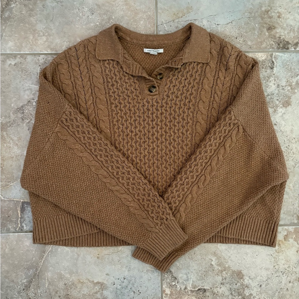 American Eagle Tan Cropped Sweater Cable Knit Cozy Soft Collared Women’s XXL - Picture 5 of 11